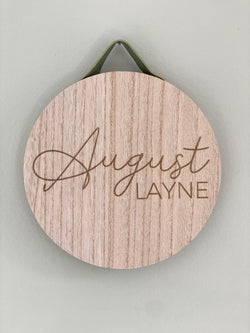 Wooden Baby Name Sign - Baby Name Announcement Sign - Personalized Wood Disc Sign - Personalized Nursery Decor - Engraved Circle Wood Sign