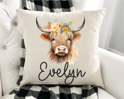 Personalized Highland Cow Pillow - Highland Cow Nursery Decor - Baby Shower Gift - Baby Nursery - Cow Decor - Girls Highland Cow Nursery